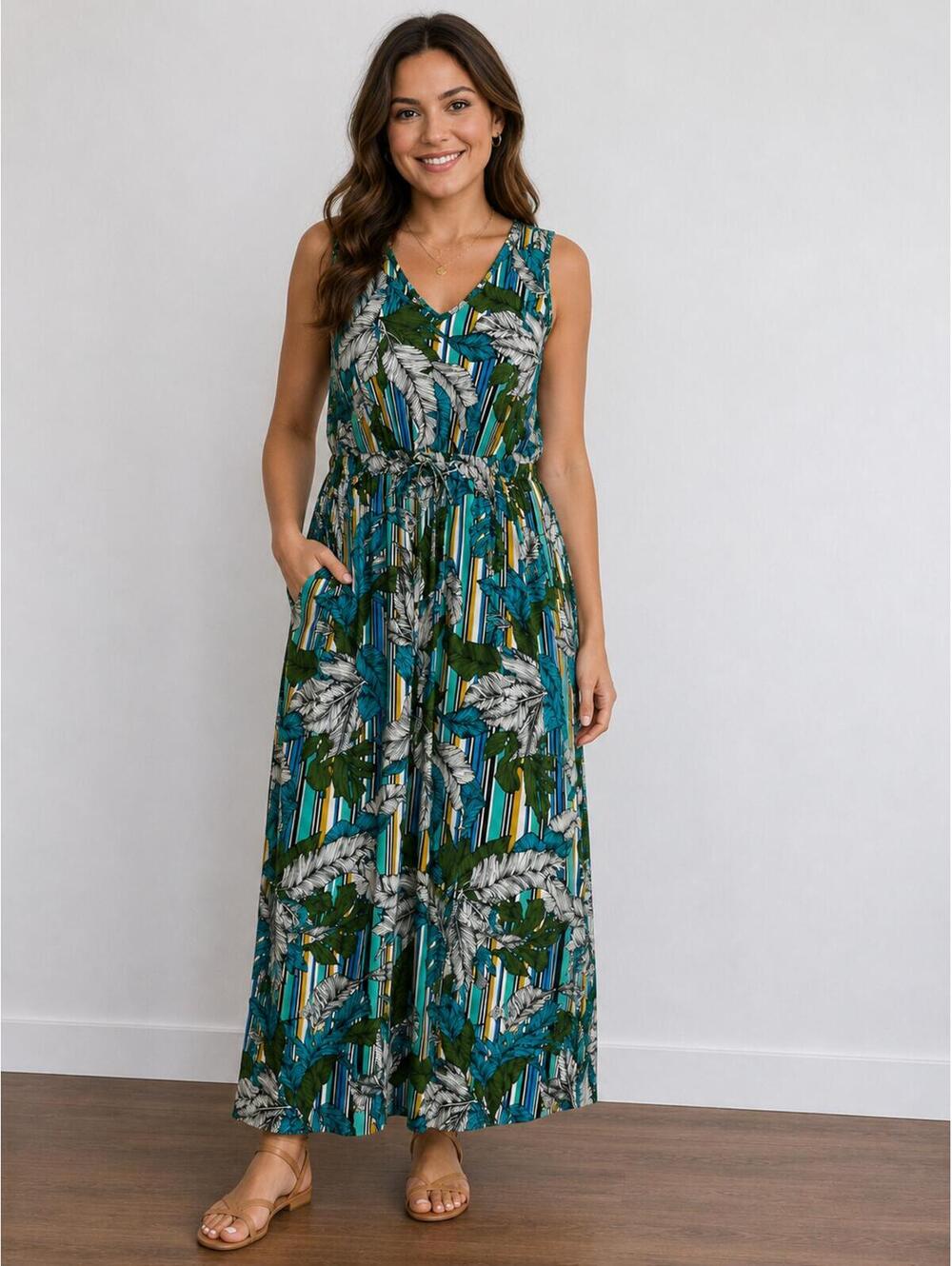 APT. 9 Tropical Leaf Maxi Dress Large Blue Green Resort Vacation Cruise Dress